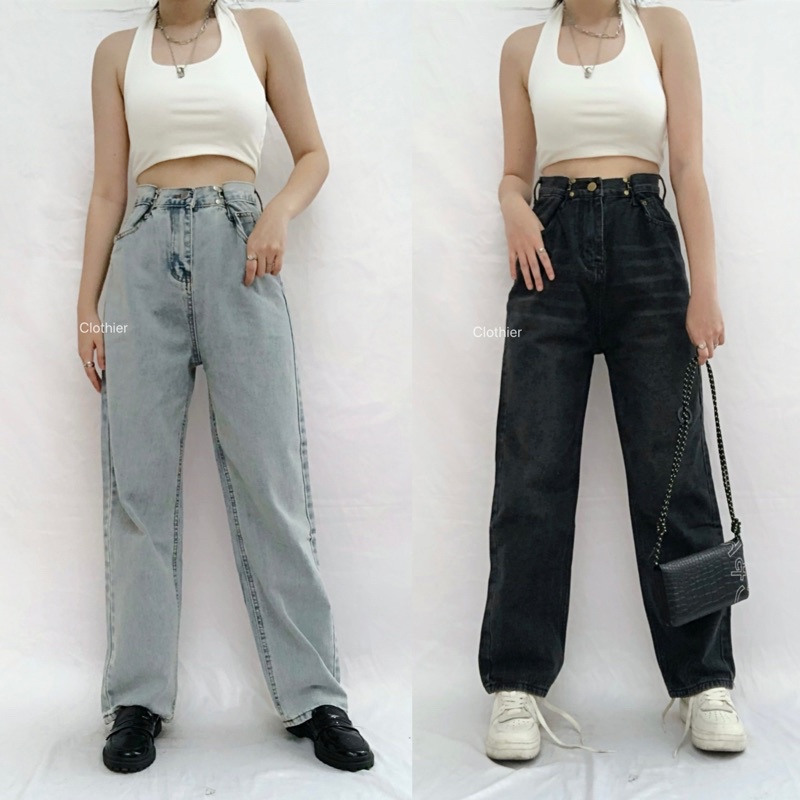 CLOTHIER - Calla Adjustable Jeans | Unisex Black Baggy Wide Leg Jeans