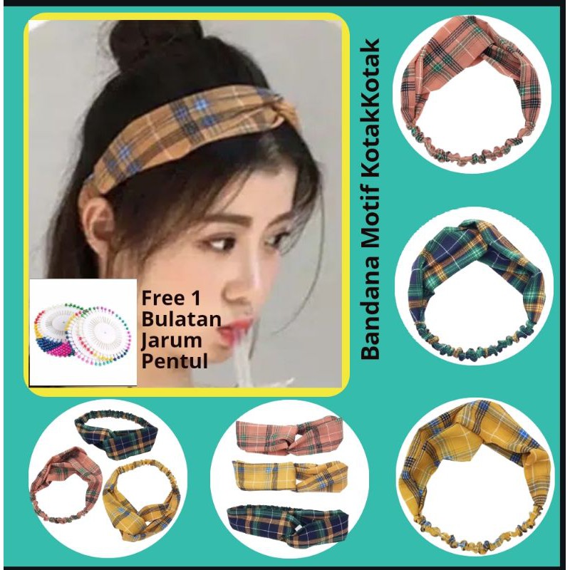 (COD) BANDANA WANITA MOTIF KOTAK KOTAK BANDANA KOREA MODIS HEADBAND BANDO BANDANA MURAH KEKINIAN