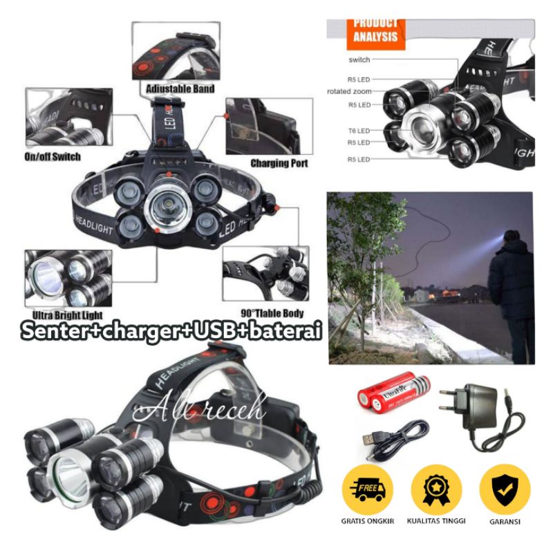 senter kepala LED XM-L T6 + 4 XPE 40000 Lumens/headlamp/senter kepala