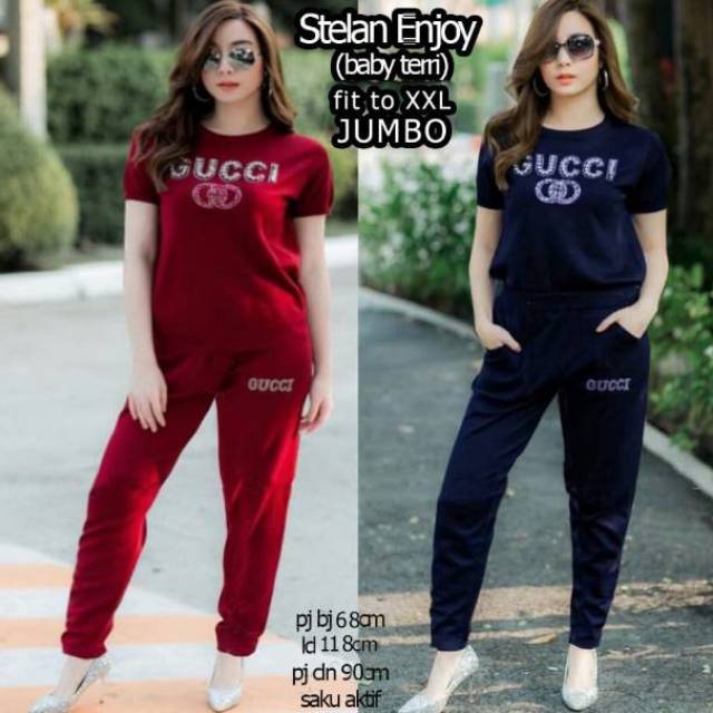 stelan JUMBO enjoy, setelan wanita, setelan olahraga, motif gucci, setelan modis, setelan Jumbo,ootd