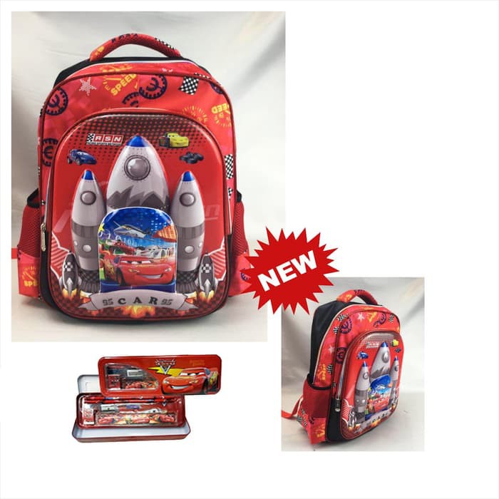 "Tas Ransel Anak SD (2KT)Cars McQueen 5D Timbul Import  Kotak Pensil"