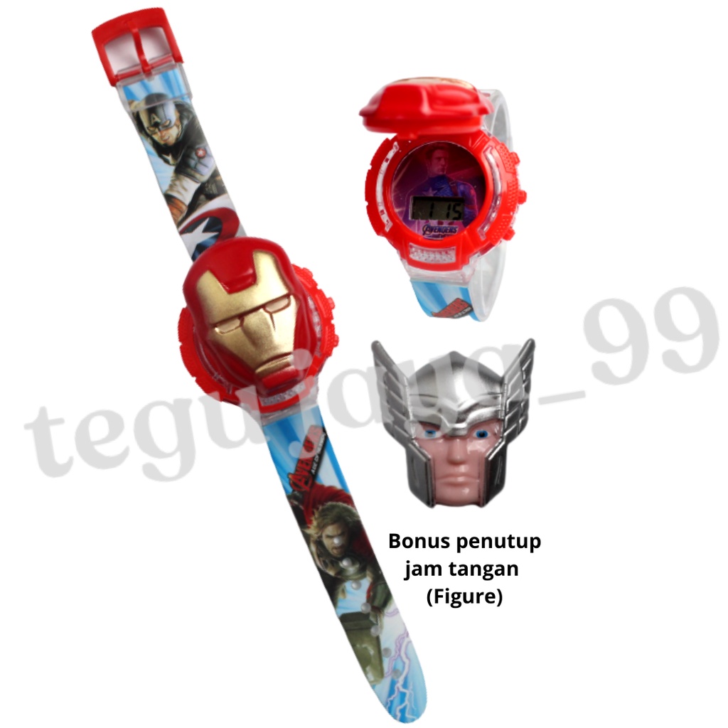 JAM TANGAN FASHION ANAK LAKI-LAKI LAMPU WARNA WARNI &amp; MUSIK 2 IN 1 KARAKTER SUPER HERO TE1043