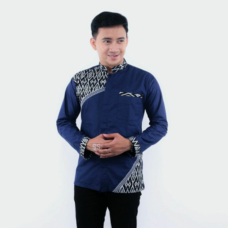 Baju Koko Pria Terbaru Kombinasi Batik Lengan Panjang Bahan Katun Motif Batik Dan Bordir Komputer Modern | Baju Koko Dewasa