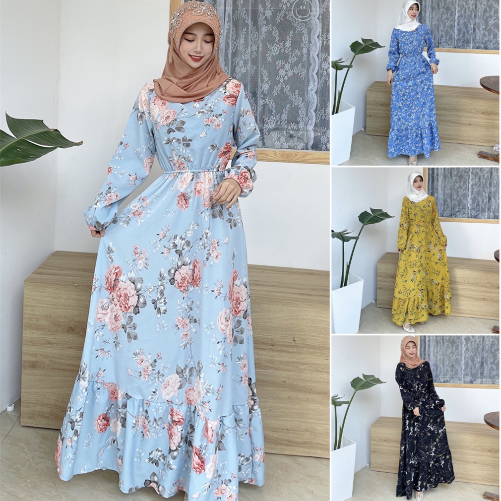 Gamis Motif Bunga Floral Lengan Panjang Long Dress wanita muslim Baju Hamil Setelan Jumbo Oversize B