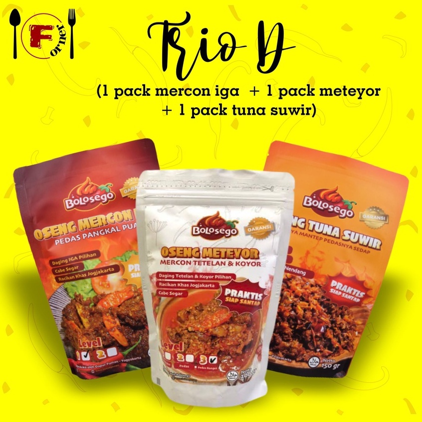 

Trio D (Tuna Suwir + Mercon Iga + Mercon Tetelan dan Koyor) by Bolosego 100% halal bisa cod pedas nampol nikmat bisa pilih level