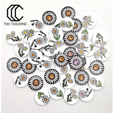 Kancing Kayu 2 Lubang - TEN THOUSAND Round White Sunflower (10pcs)