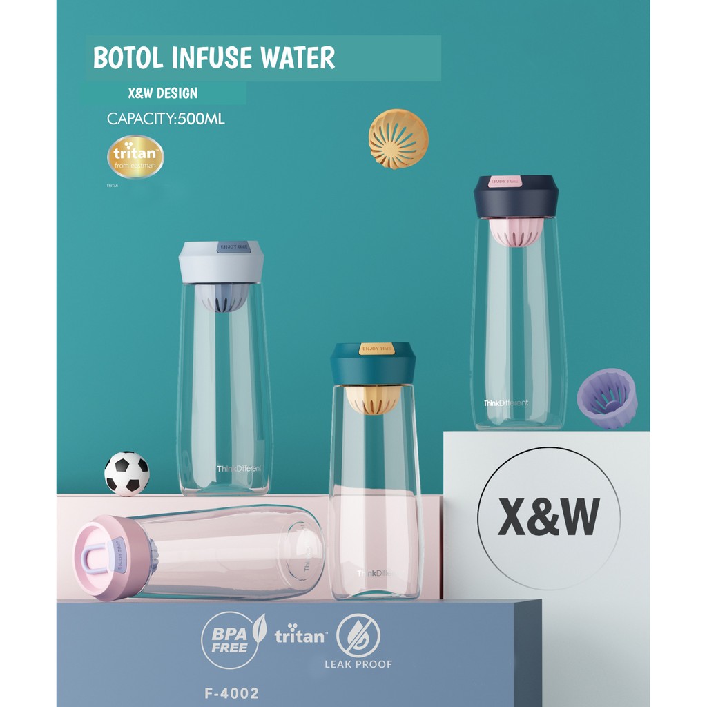 X&amp;W Infused Water Botol Minum Plastik Tritan F-4002 Bottle Leak Proof 500 ML Bpa Free