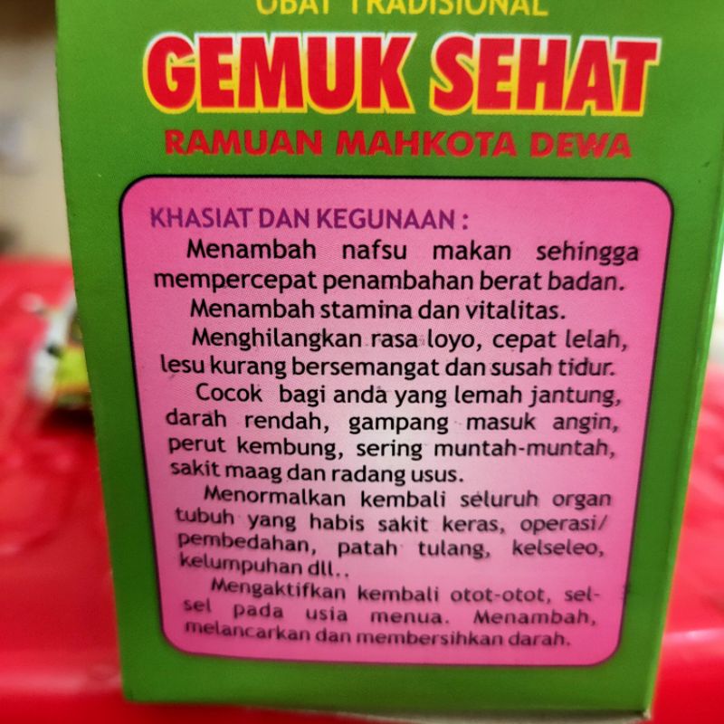 Kapsul GEMUK SEHAT MAHKOTA DEWA obat tradisional untuk pria & wanita 1dus 10pc