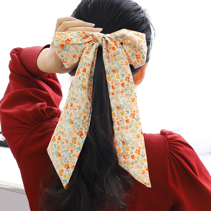 Ikat Rambut Srunchie Kain Model Pita Dengan Motif Bunga-Bunga Lucu Korean Import