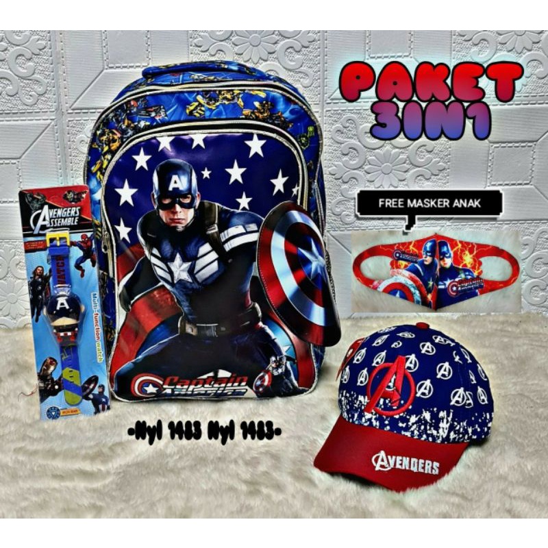 Promo Ransel anak c.america topi LED/printing bonus jam tangan