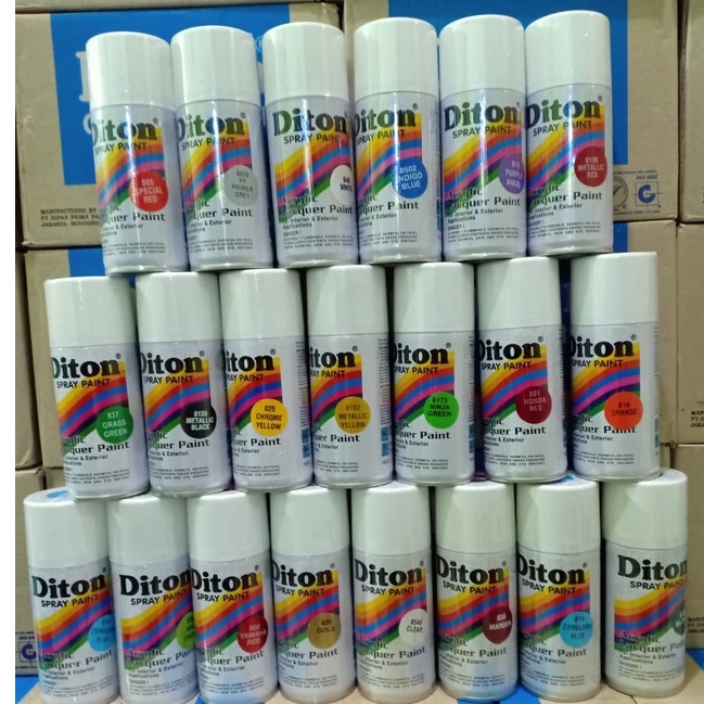 DITON Spray Paint Acrylic Lacquer Paint Pilox PIlok Cat Semprot Glossy Metallic Doff Stabilo Chrome Hi-Temp 150cc (Black Clear Red Blue Clear Silver Grey Pink Orange Yellow) 150cc