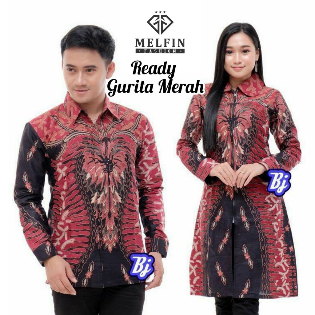 Baju Batik Couple Motif Terbaru Tren 2021 Motif Gurita Merah Tersedia Kemeja Tunik Zipper M L XL XXL