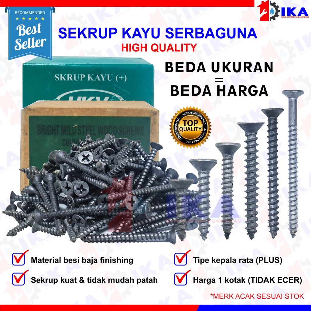 SKRUP KAYU 1/2&quot;- 3/4&quot; - 5/8 &quot; - 1&quot; - 11/2&quot; - 11/4&quot; - 2&quot; (+) PLUS / (HARGA 1 KOTAK - TIDAK DIECER) TERMURAH sekrup kayu kepala plus mata obeng kembang ukuran 1/2, 5/8, 3/4 inch sekrup kayu isp Ysk|wood screw| skrup| sekrup kayu