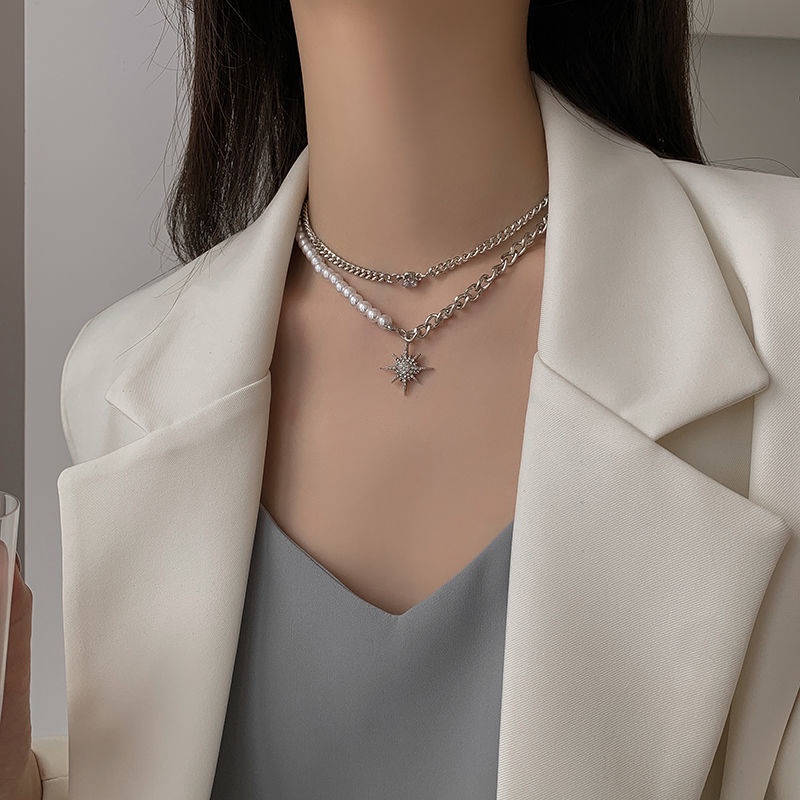 Niche desain kalung mutiara jahitan rantai zircon kalung wanita temperamen Millennium gaya asterism