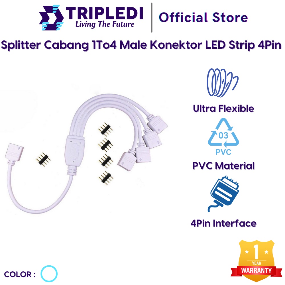 TRIPLEDI Kabel Splitter 4 Pin LED Strip RGB 2385 5050 Konektor Cabang 1 to 2 3 4 Cable Male Needle