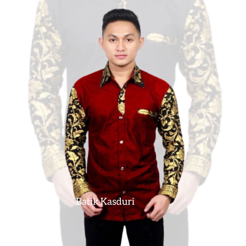 [BISA COD] Kemeja Batik Pria Dewasa Kombinasi Prada Kemeja Batik Pria Lengan Panjang Modern