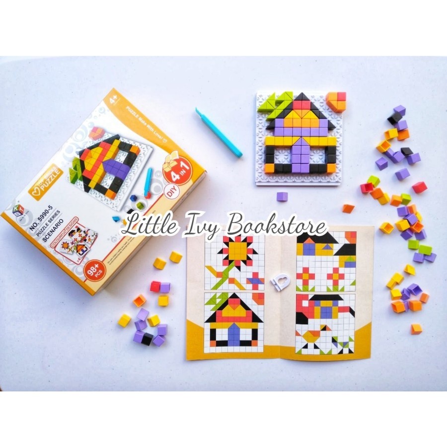 Mainan Edukasi Asah Otak Anak  Toy Brick Puzzle  Creative Mosaic  Bead DIY 4 IN 1 ISI 98 PCS - permaina teka teki anak