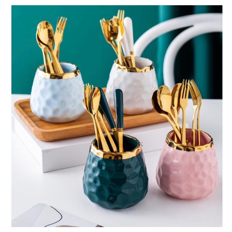 Jar Mug Keramik Tempat Sendok Teh Garpu Kue Set