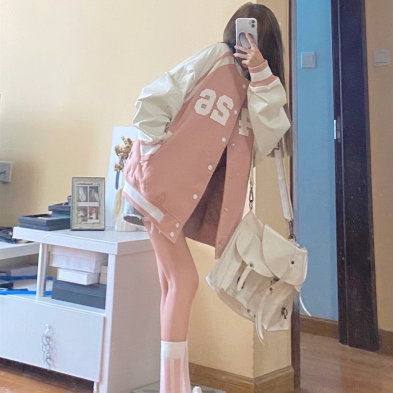 Pink-White Baseball Jacket | Jaket Varsity Wanita Warna Pink Pastel Oversize