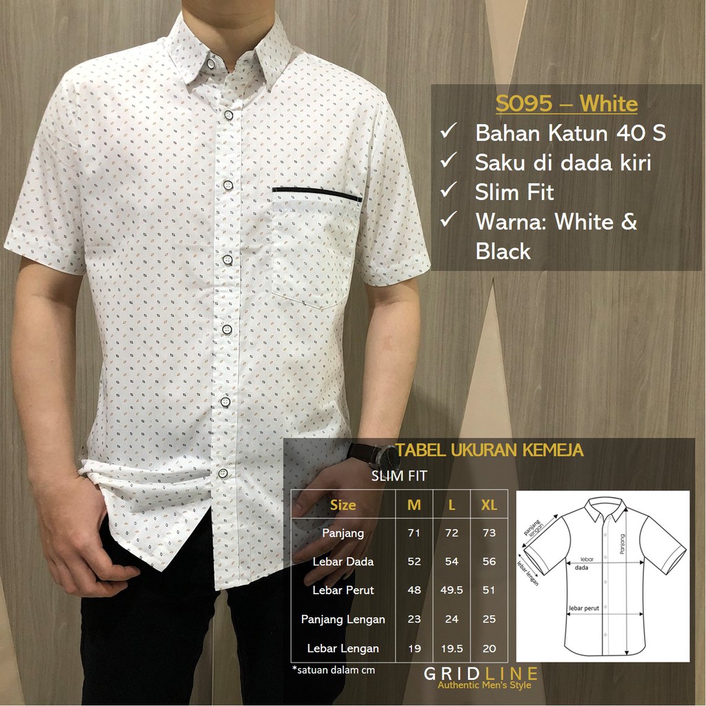 [GRIDLINE - S328 Cube White &amp; Black - S095 Black] Kemeja Pria Katun Lengan Pendek Slimfit Simple Motif M-XXL