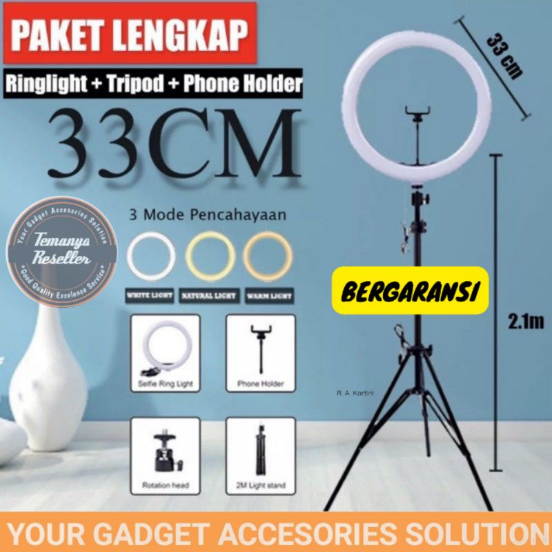 Paket Komplit Ringlight 33cm + Tripod 2,1 Meter Make Up Vlog Lampu Ringlight vlog