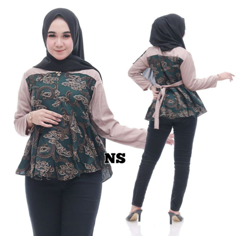 tey-17 Batik wanita ASJ SA HRB026 Kenongo Kemeja Tosca Pendek-Mega Mendung Hijau