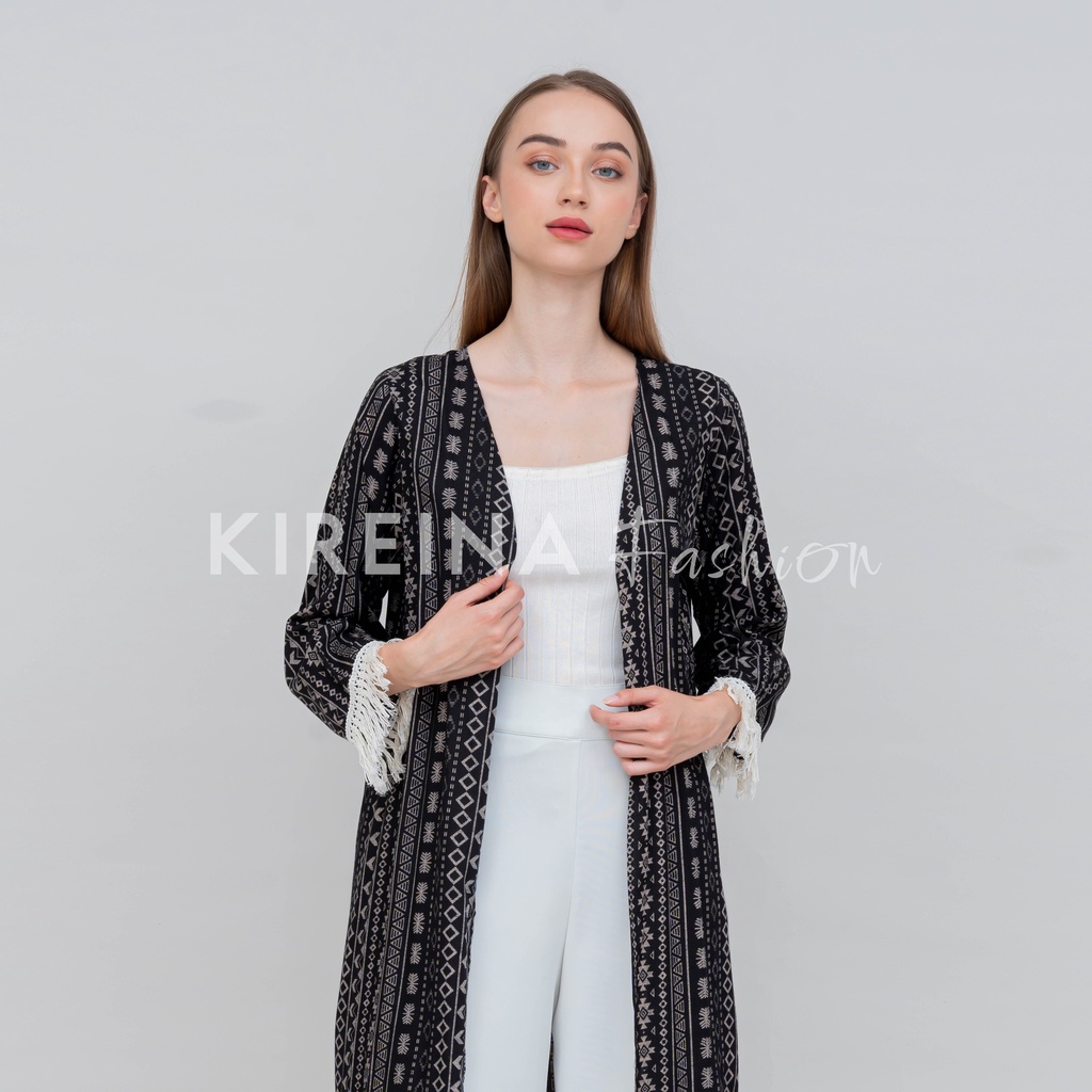 Cardigan Rumbai Putih Etnik Cardigan Bohemian Panjang Wanita | Kireina Fashion