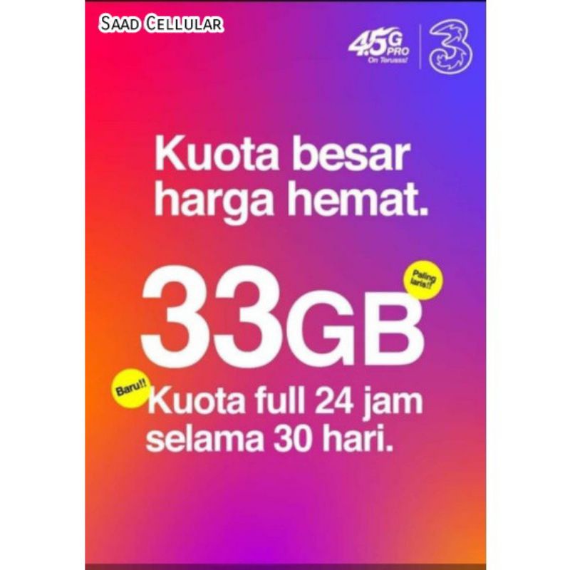 Paket data tri 33 GB 30 Hari All Area Nasional