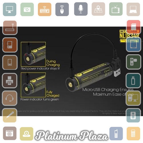 NITECORE 18650 Micro USB Rechargeable Li-ion Battery 3400mAh - NL1834R - Black`FY056N-