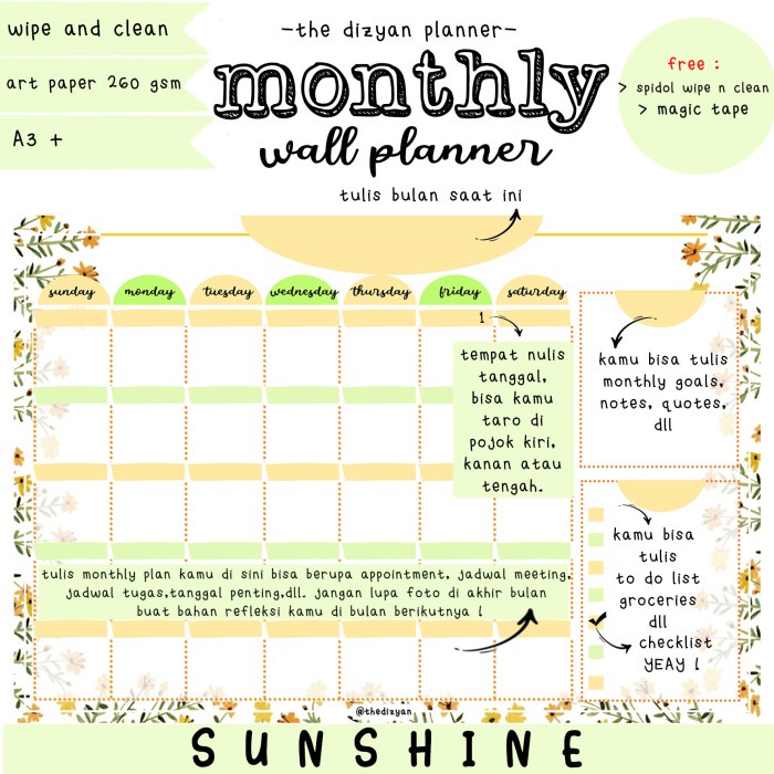 

[RESTOCK] Monthly Wall Planner | Schedule Board | Wipe n Clean | Sunshine