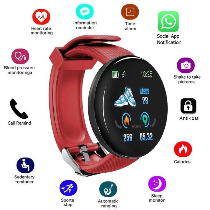Bluetooth SmartWatch D18 pria Blood Pressure Round Sport Tracker - Merah