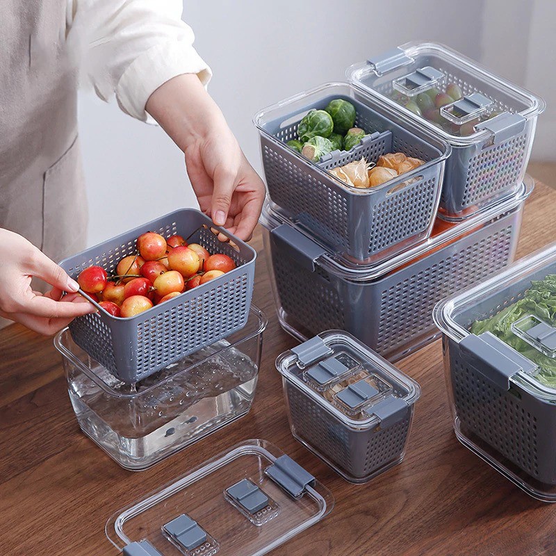 luckyfox kotak kontainer makanan kulkas drainer kitchen storage food box 1 7l with lid   rfs49   gra