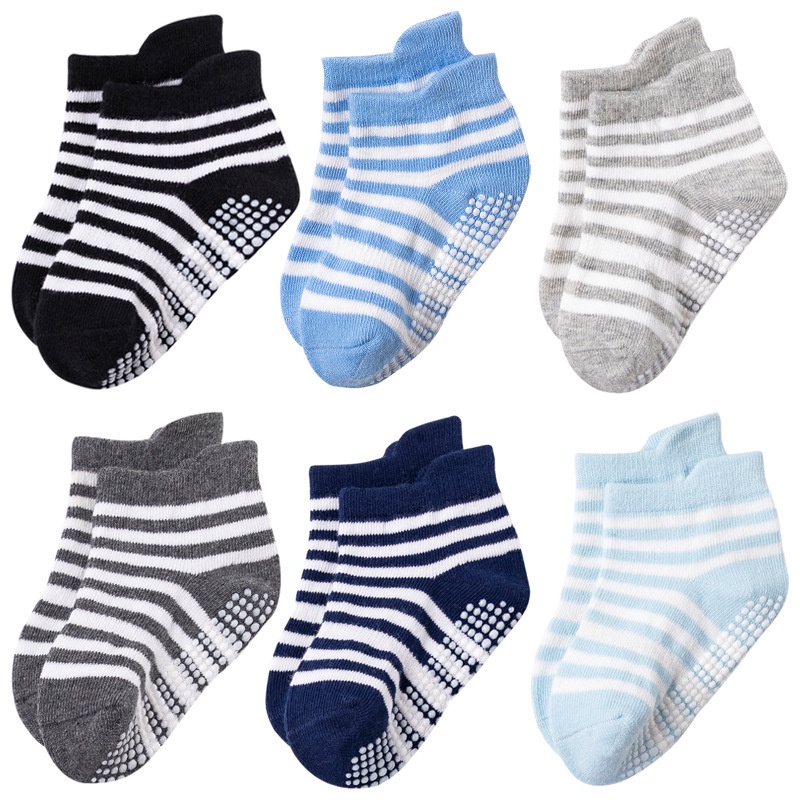 (6 Pasang) Kaos Kaki Anak Anti Slip Polos Garis Import Quality 6in1 Baby Kids Socks Kaus Kaki Anak