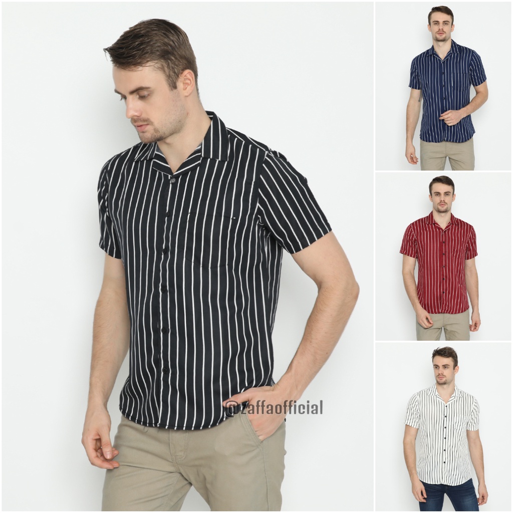 Zaffa Kemeja Salur Pria Lengan Pendek  Kerah Pantai Katun Motif Stripe Garis Bowling Shirt Kerah Pantai Terlaris Murah