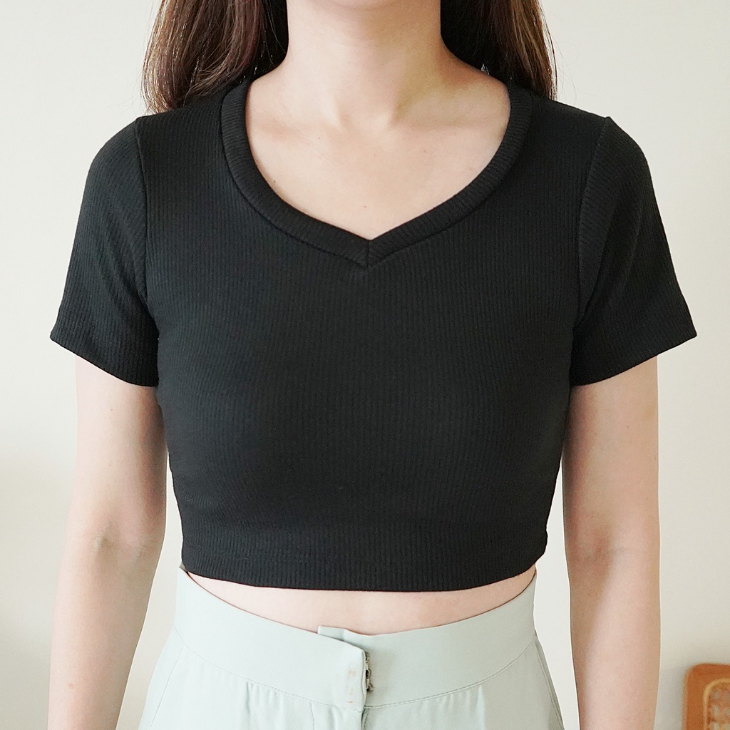 Korean Crop Top Korea Kaos V-Neck Wanita Baju Atasan Basic Wanita 143