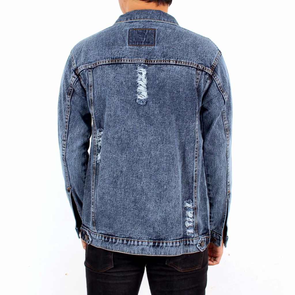 Jaket Jeans Ripped Pria Size M L XL Denim Basic Sandwash Sobek Original