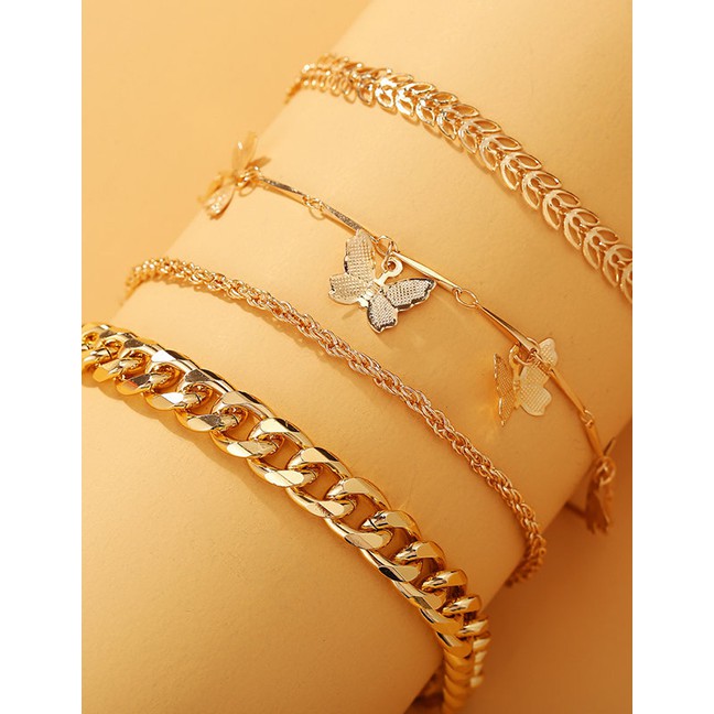 LRC Gelang Tangan Fashion Golden Butterfly Chain Alloy Leaf Multilayer Anklet K76568