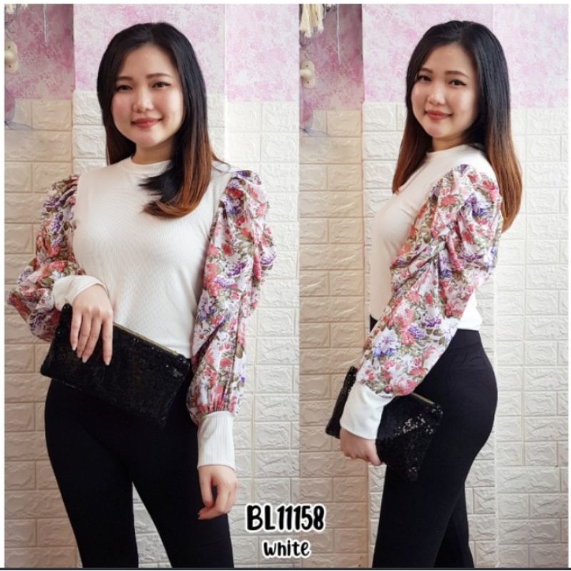 baju atasan blouse rajut lengan panjang balon motif bunga wanita import black white 11158