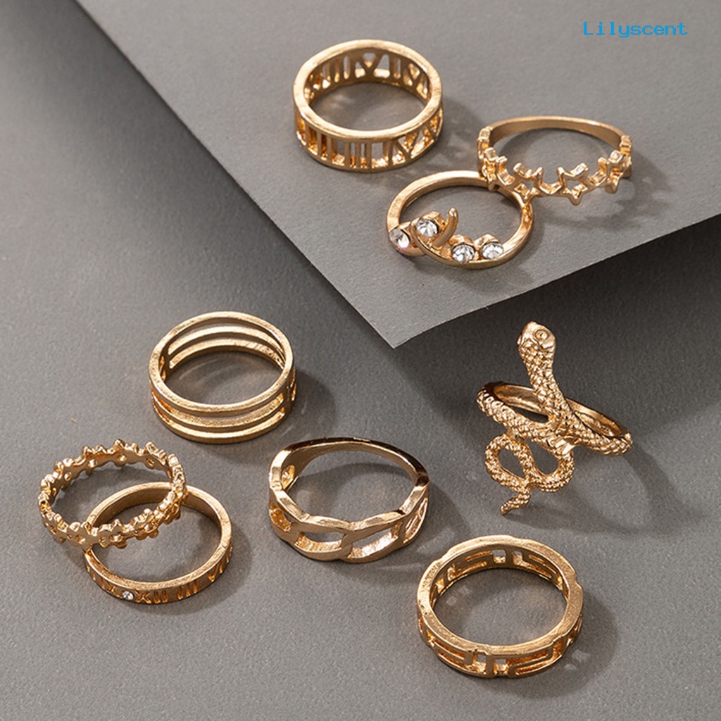 9 Pcs / Set Cincin Wanita Bentuk Ular Hollow Gaya Gothic Tahan Lama Untuk Outdoor