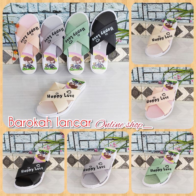 SANDAL KARET SLOP SILANG KARIS HAPPY LOVE SIZE 36-40 06