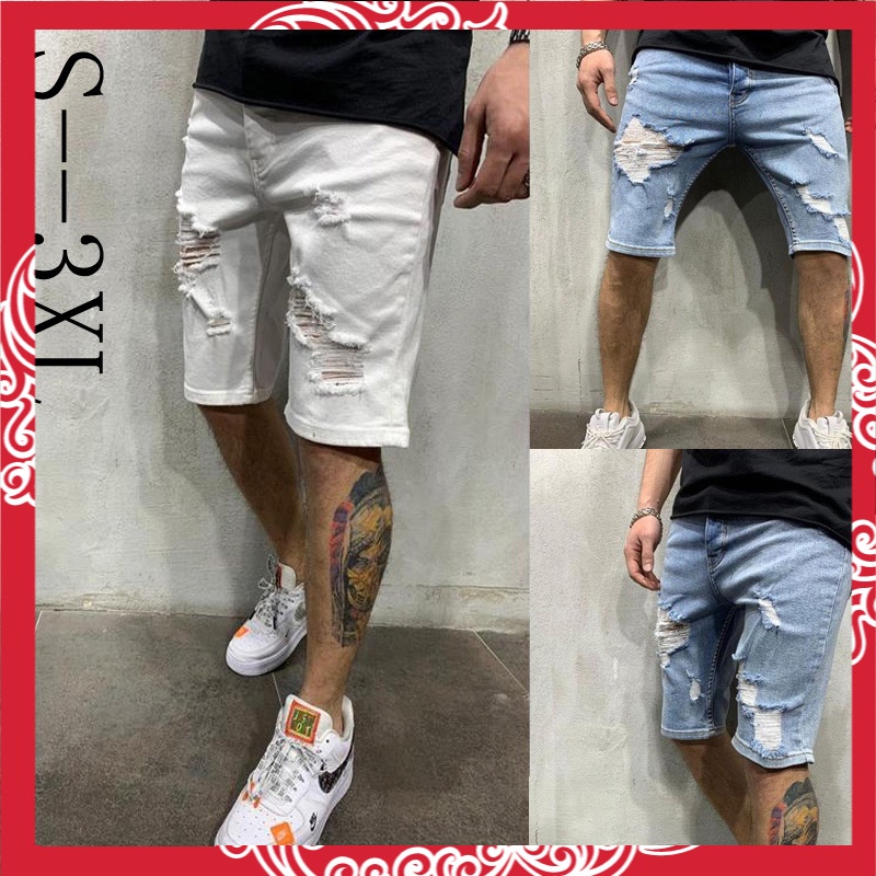 Jeans Pria 2021  Hot Sale Robek Denim Celana Pendek    Putih Ketat Denim Celana Tren Pria Celana