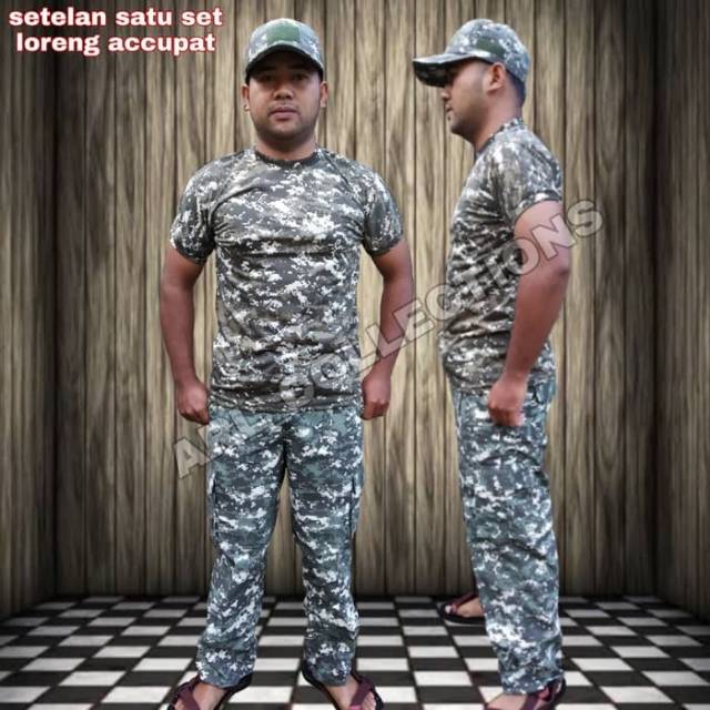 Setelan satu set celana kaos dan topi bdu loreng accupat/setelan army lapangan tactical airsofter