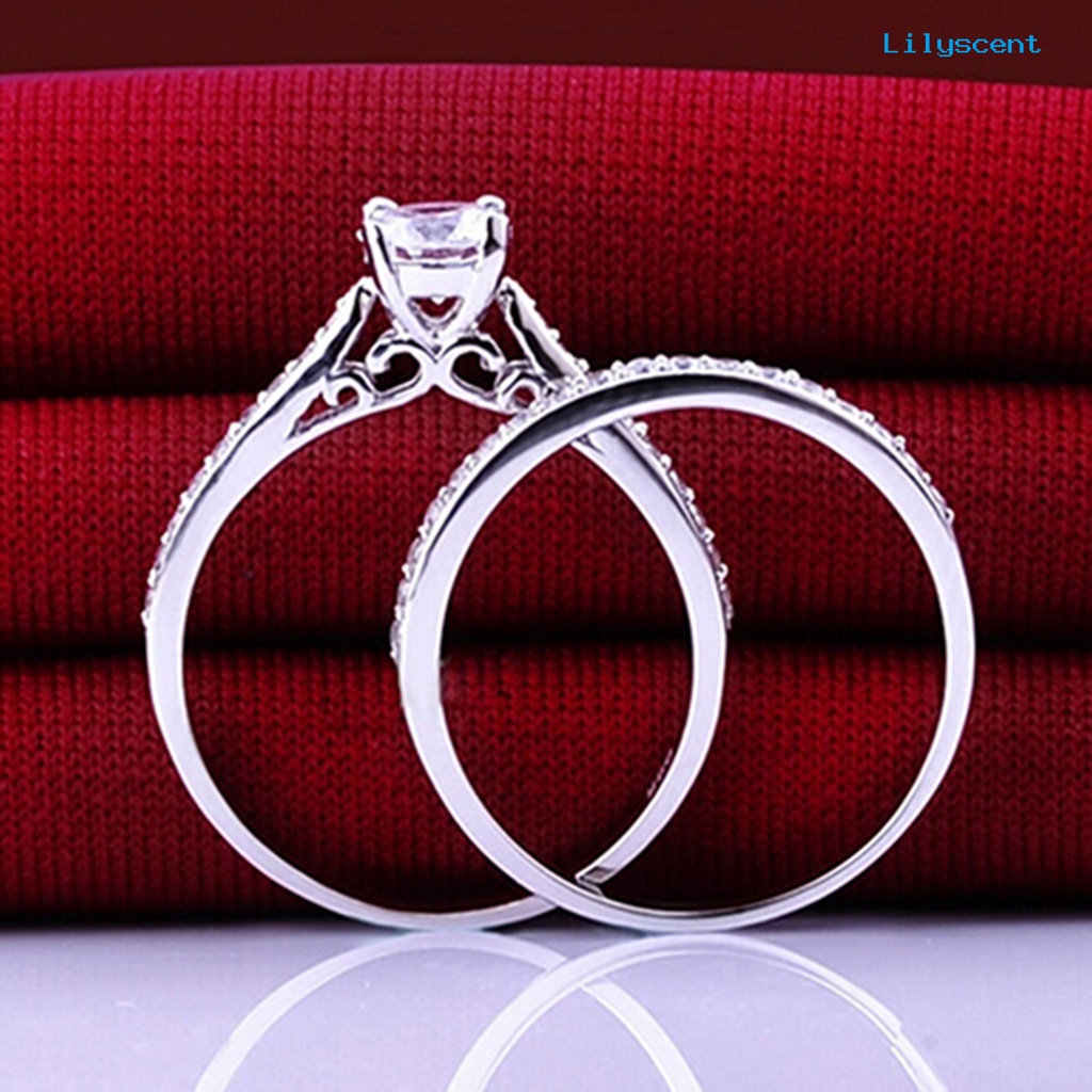 Ls 2Pcs / Set Cincin Pasangan Lapis Silver Hias Cubic Zirconia Berkilau Untuk Pernikahan