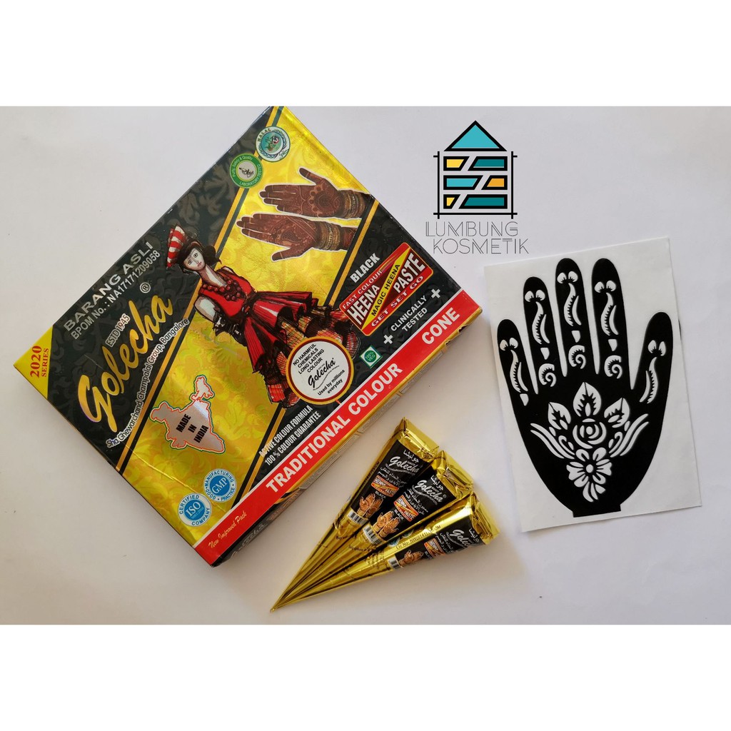 Paket Henna Neha / Golecha Hitam + Cetakan Sticker Hena Black Cone Nail Art Ecer