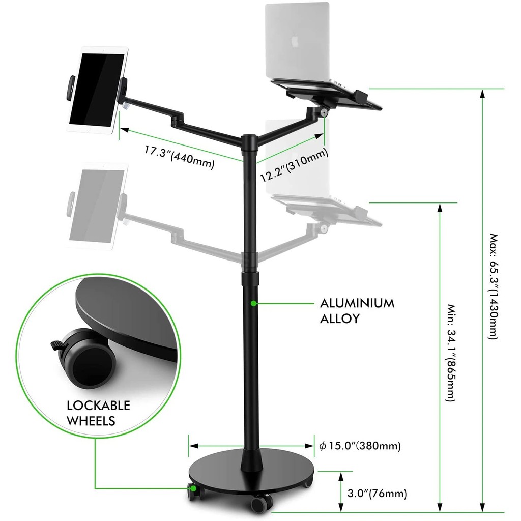 UP-9L - Dual Arm Alloy Floor Stand Laptop and Tablet - 360 Rotation