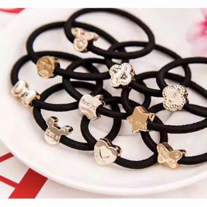 IKAT RAMBUT KOREA LOGO KARAKTER UNIK SCRUNCHIE MURAH HITAM MELAR MOTIF CANTIK