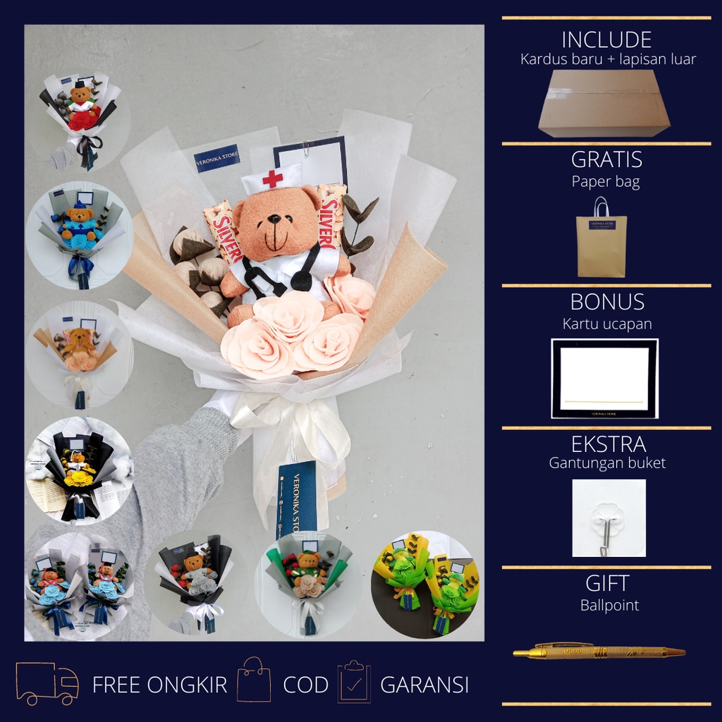 BUKET BUNGA WISUDA  BONEKA PROFESI POLISI TNI PASKIBRA KELAUTAN DOKTER PERAWAT SMA- BUCKET BUNGA PAL