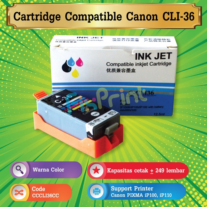 Cartridge Tinta Compatible Canon CLI-36 CLI36 CLI 36 C-CLI36 CL36 CL 36 Tri-Color Plus Chip