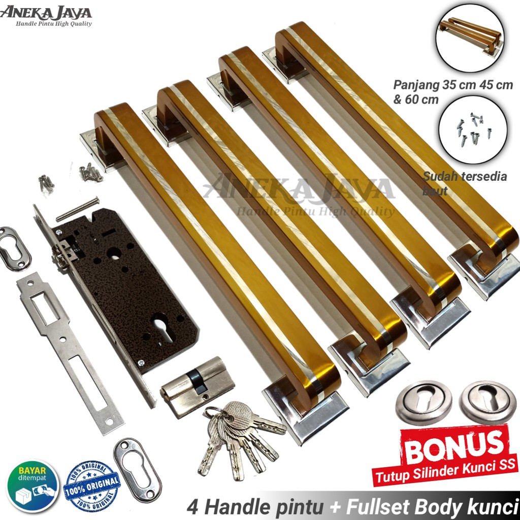 Satu set kunci 4 handle pintu rumah panjang 35 cm 45 cm 60 cm Gagang pintu rumah kuning emas