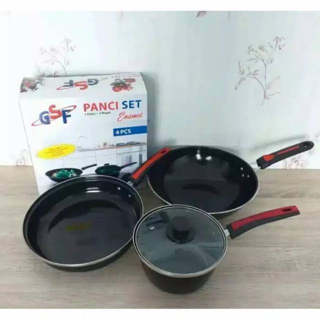 Panci set enamel 4pcs gsf 2630 cookware set enamel GSF anti lengket tutup kaca